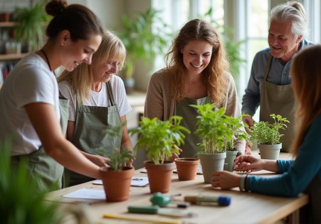 People participating in a fun plant care workshop.